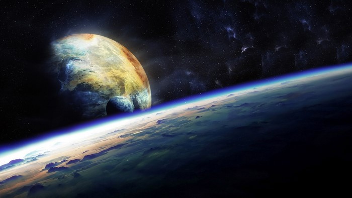 Planet and moon in outer space with Earth's atmosphere