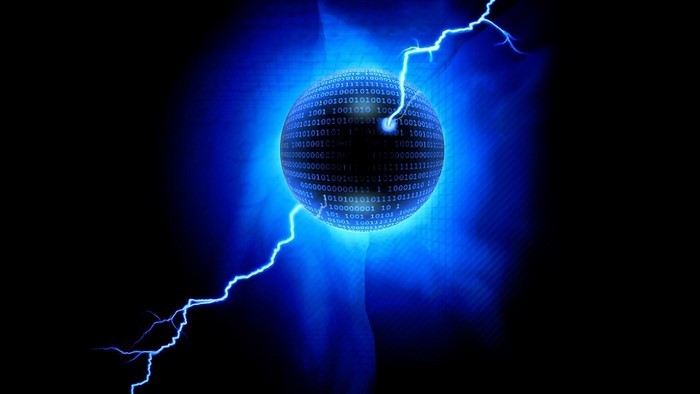Digital sphere with binary code and lightning