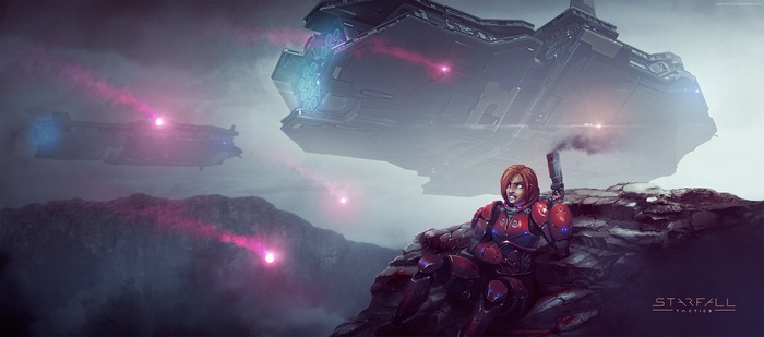 Starfall Tactics game art with soldier and spaceships