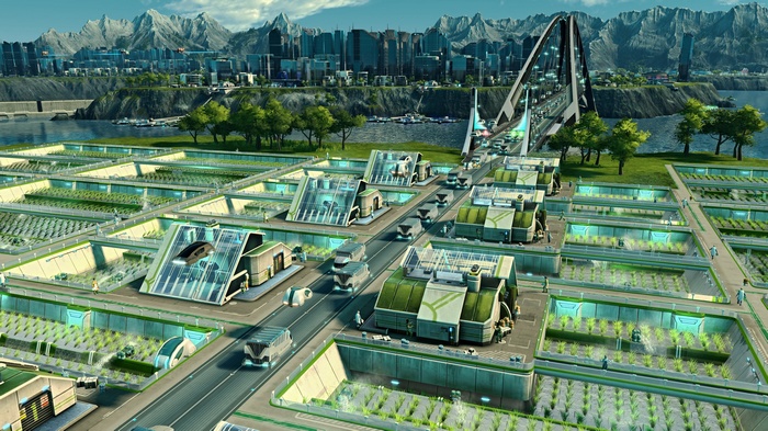 Anno 2205 futuristic city with advanced farms and bridge