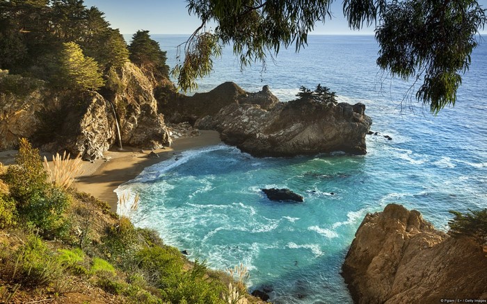 McWay Falls waterfall flowing onto a beach in Big Sur, California