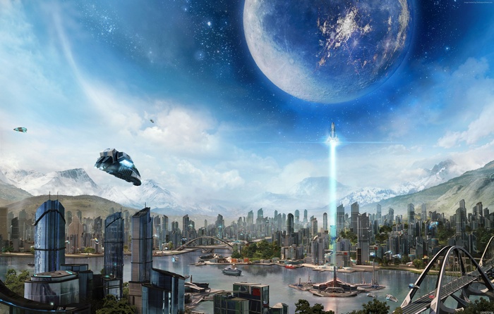 Anno 2205 Sci-Fi Cityscape with Spaceships and Planet