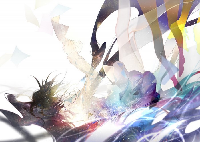 Hatsune Miku falling with papers and cosmic background