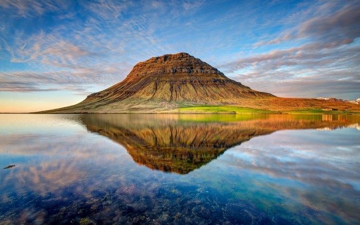 Kirkjufell mountain reflected in water, Iceland