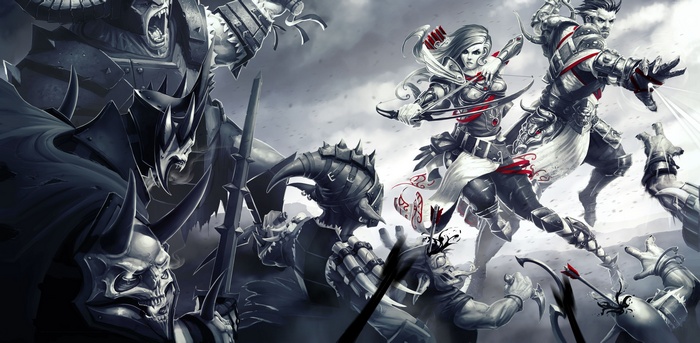 Fantasy warriors battle monstrous creatures in a dark landscape