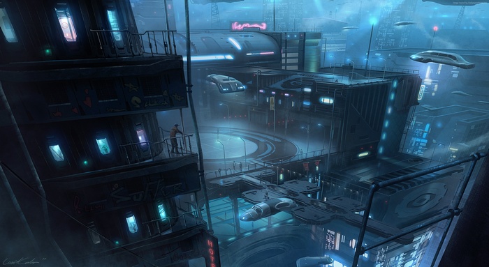 Cyberpunk city with flying vehicles and neon lights