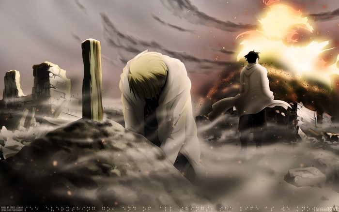 Edward Elric and Roy Mustang from Fullmetal Alchemist in a ruined city