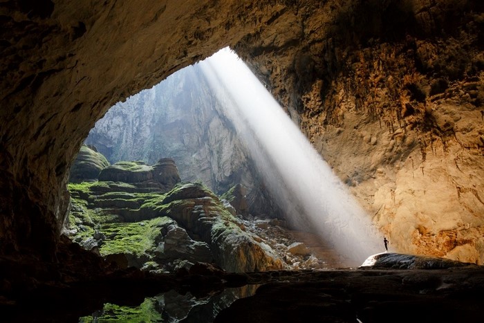 sunlight, landscape, waterfall, rock, nature, grass, sun rays, cave ...