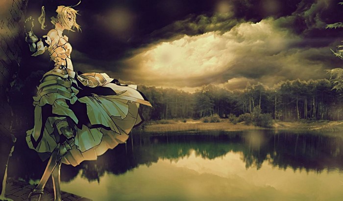 Fantasy girl in armor by a lake under stormy clouds