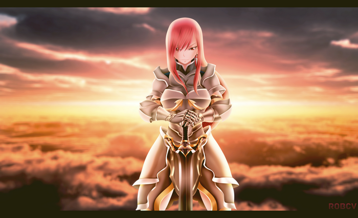 Erza Scarlet from Fairy Tail with sword at sunset