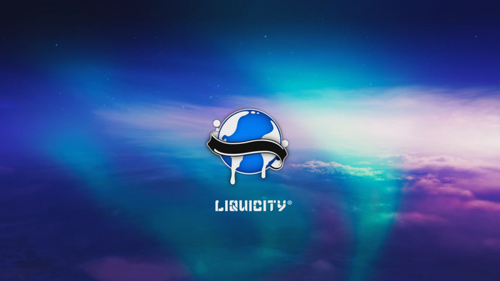 Liquicity logo with Earth and banner over aurora sky