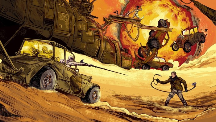 Characters in Mad Max: Fury Road style vehicles in a desert landscape