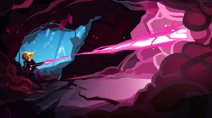 Girl with gun firing pink energy beam in cave
