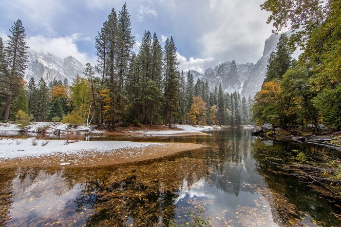 Autumn Forest Reflection Over Calm Mountain River