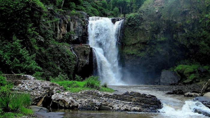 Waterfall cascading into a rocky river surrounded by dense forest