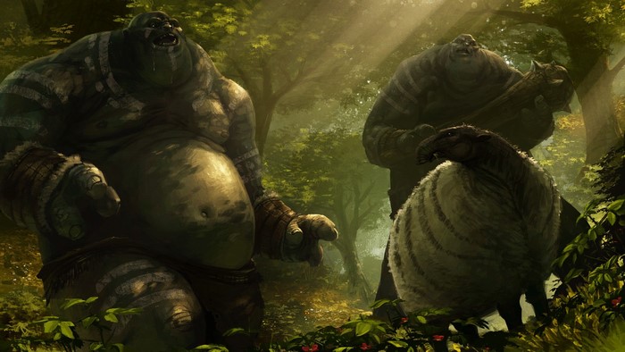 Three large, grotesque creatures in a sunlit forest