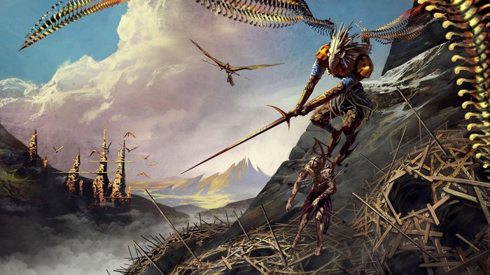 Creature with spear fighting another creature near a nest