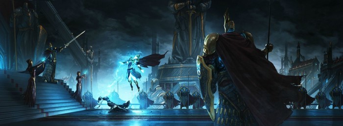 Fantasy battle in a grand hall with statues