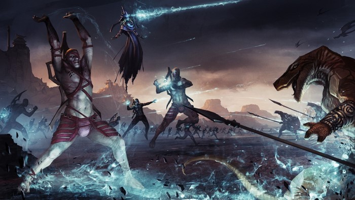 Battle scene from Endless Legend with fantasy creatures and warriors