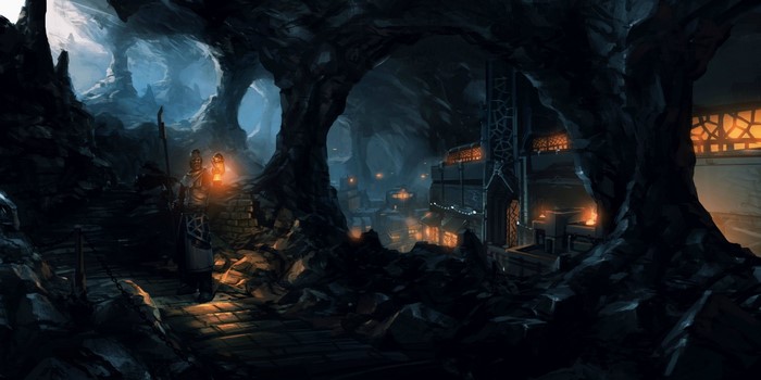 A figure with a lantern in a dark cave settlement