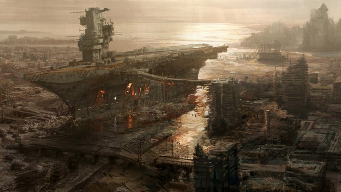 Post-apocalyptic cityscape with a grounded aircraft carrier