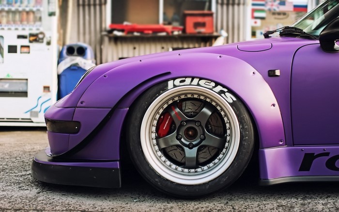 Purple Porsche 911 RWB with custom wheels