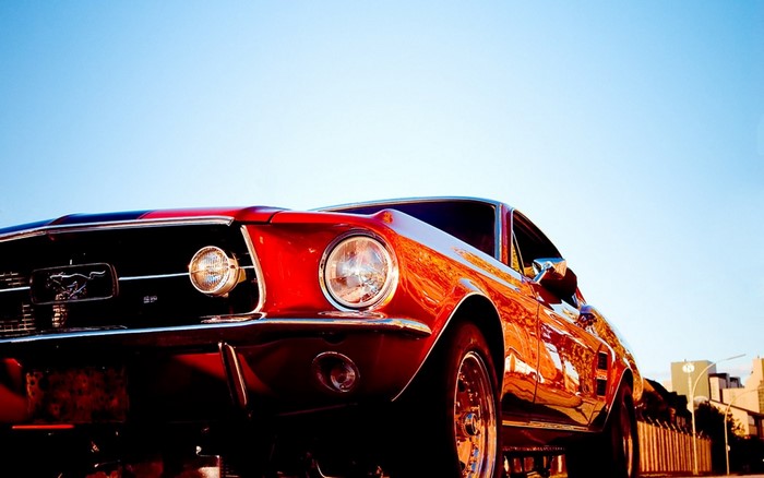 Red Ford Mustang muscle car close-up