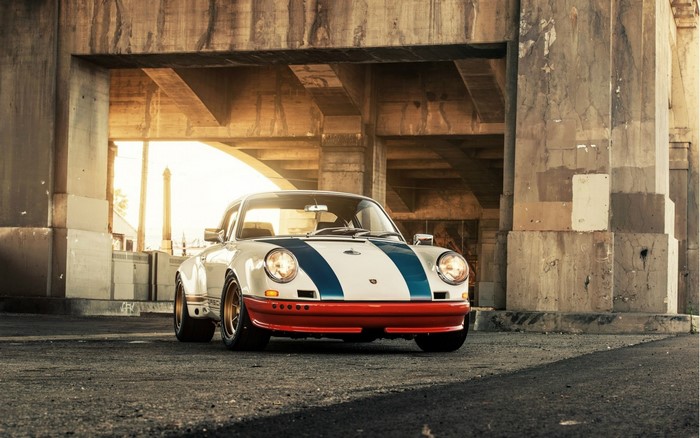 White Porsche 911 with Blue and Red Stripes