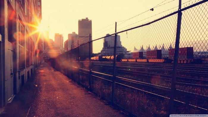 Sunset over a city rail yard with trains