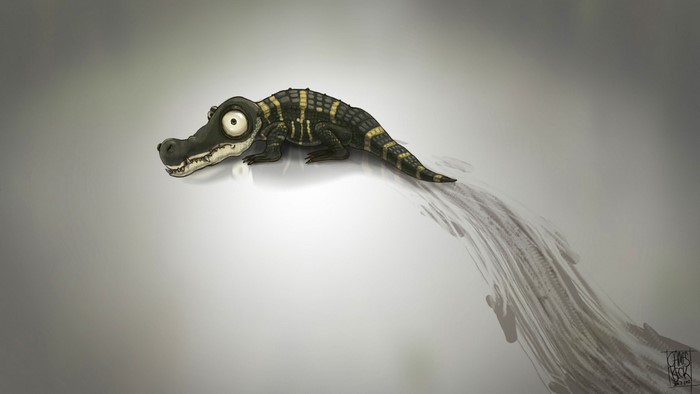 Cartoon crocodile with large eyes and striped body
