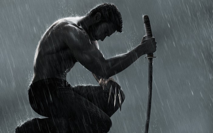Wolverine holding a katana in the rain