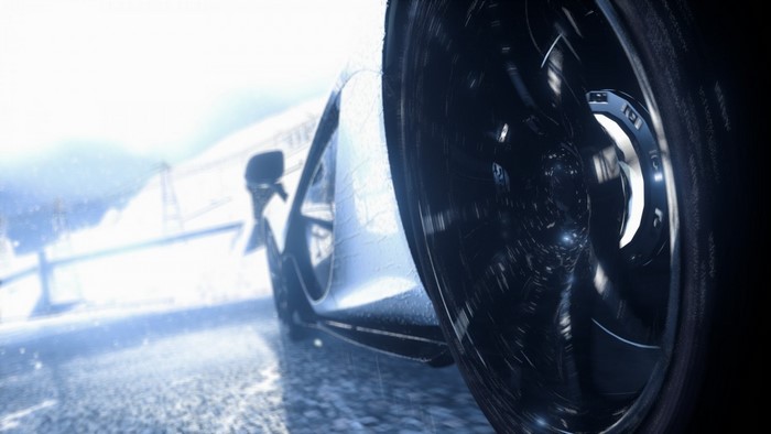 Car wheel and side in snowy weather