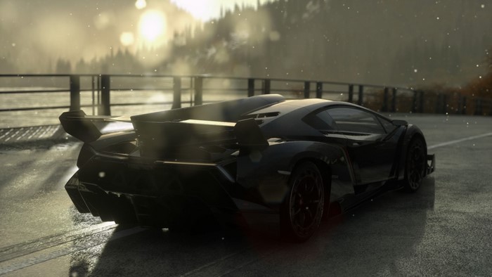 Black Lamborghini Veneno on a wet road