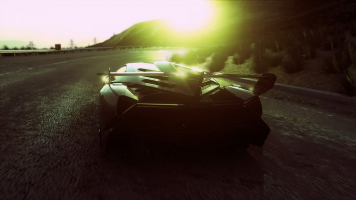 Lamborghini Veneno driving on a road at sunset
