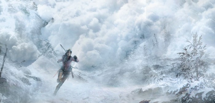 Lara Croft from Rise of the Tomb Raider running in snow