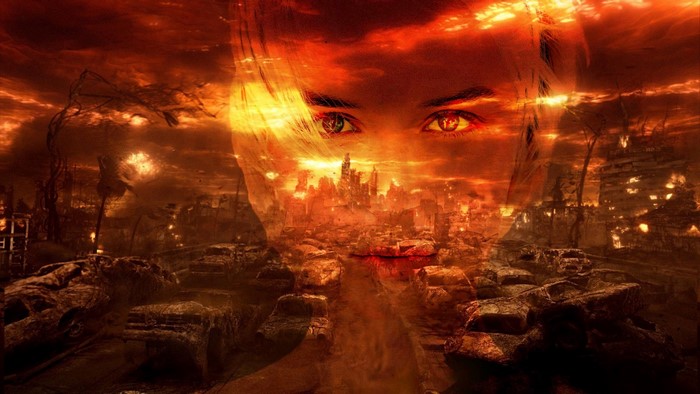 Face superimposed over a destroyed city in a wasteland