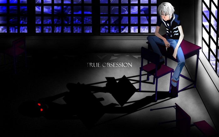 Accelerator from To Aru Kagaku no Railgun sitting in a dark room