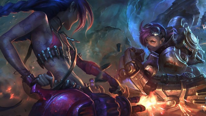Jinx and Vi from League of Legends fighting