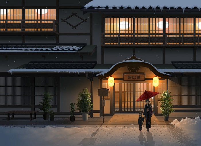 Two people in Japanese clothes with an umbrella in the snow at night