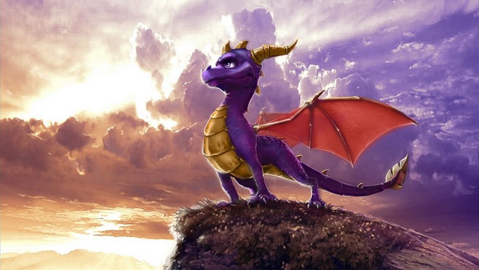 Spyro the Dragon standing on a cliff at sunset