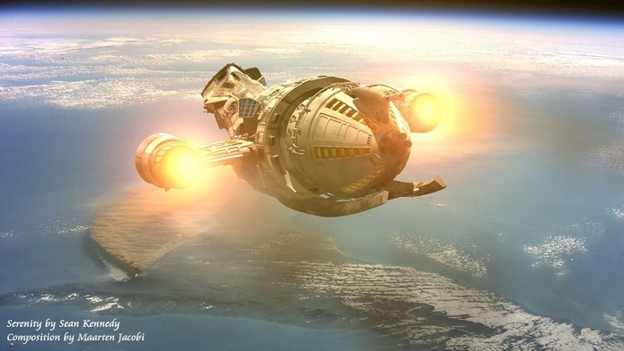 Serenity spaceship flying over Earth