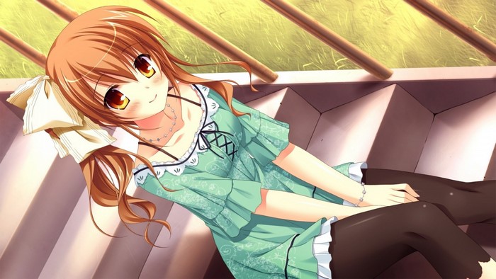 Anime girl with brown hair and green dress