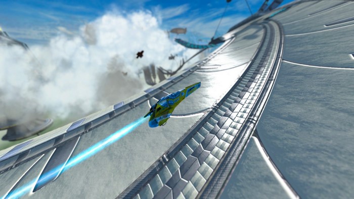 Wipeout HD: Futuristic racing vehicle in clouds