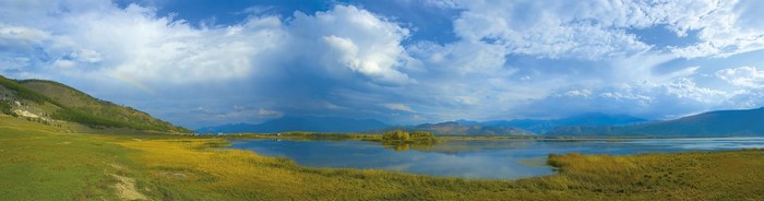 Panoramic view of a lake with mountains and clouds