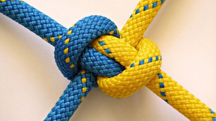 Blue and yellow ropes tied in a knot