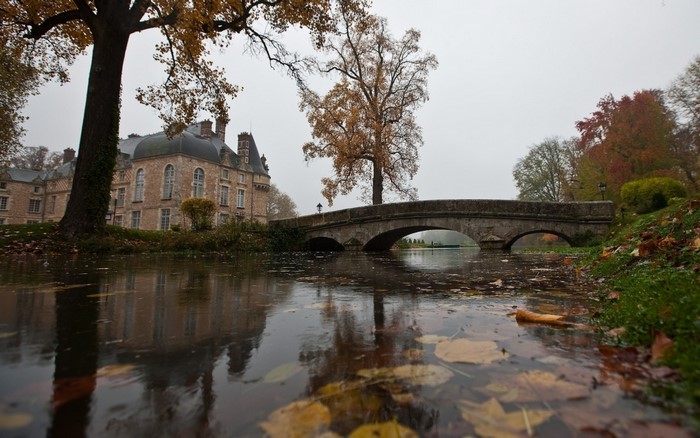 Castle with bridge over water in autumn
