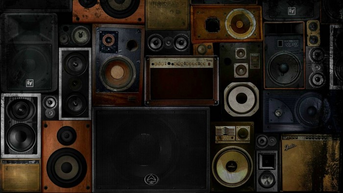 Collage of vintage and modern speakers