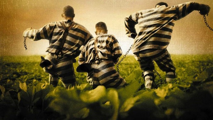 Prisoners in striped uniforms chained together in a field