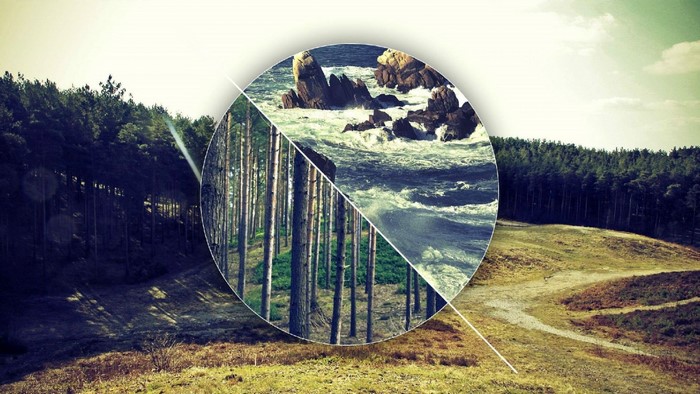 Forest and ocean landscape with circular overlay