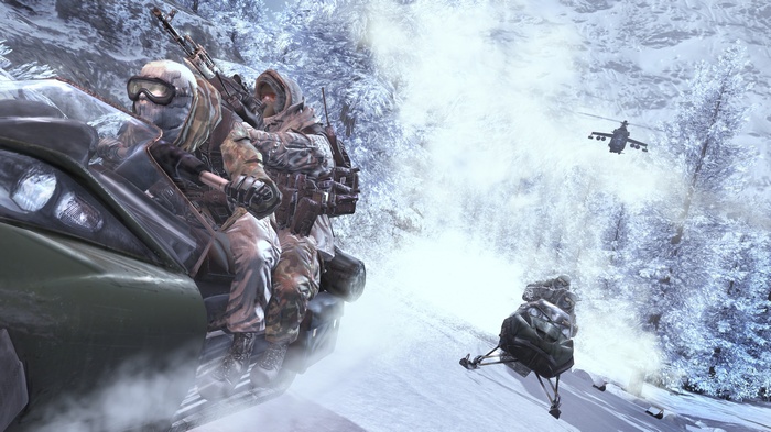 Soldiers on a snowmobile in a snowy forest with a helicopter